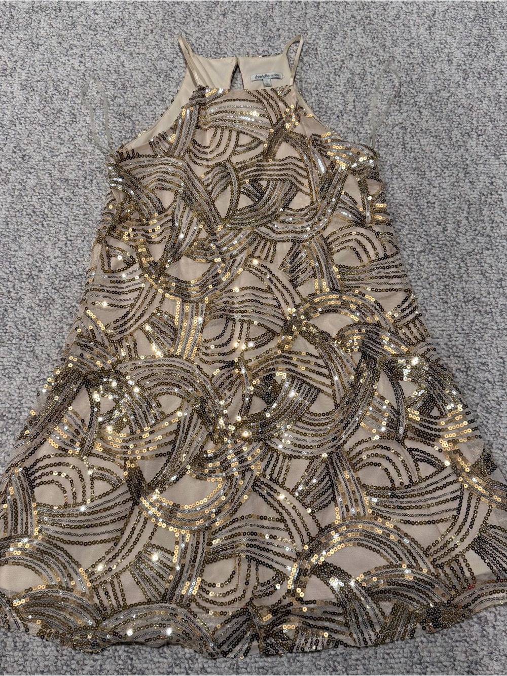Charlotte Russe gold and silver sequin dress with abstract wave pattern, size S
